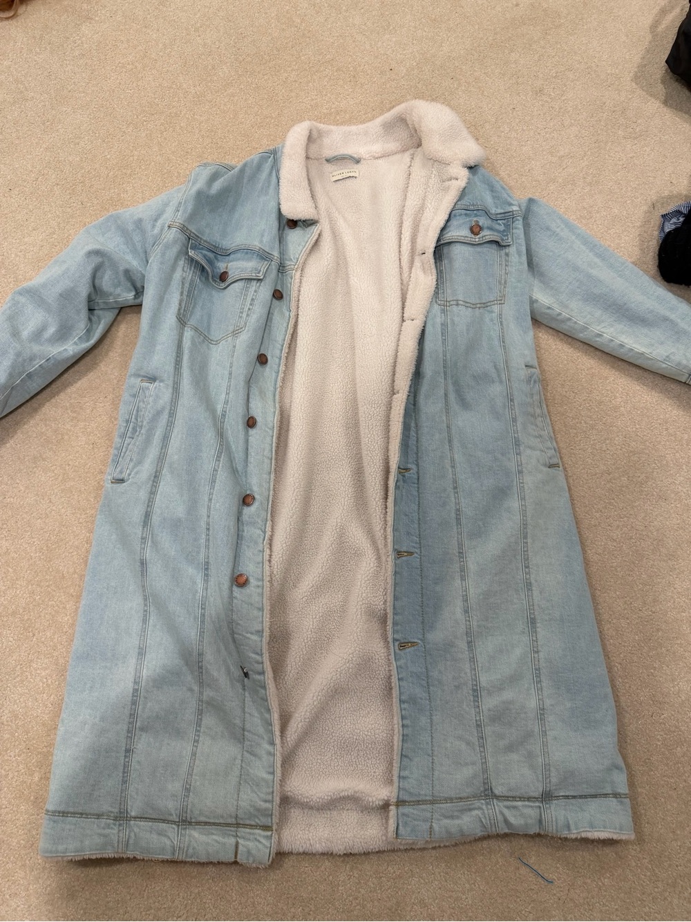 Oliver Logan Sherpa Lined Long Denim Jacket Coat Light Wash